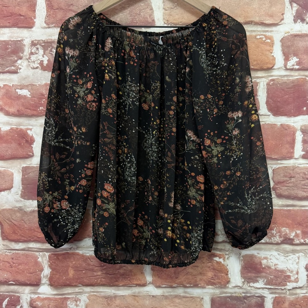 Walter Baker Top Women's Small Black Garden Floral Sheer Peasant Sleeve Shirt